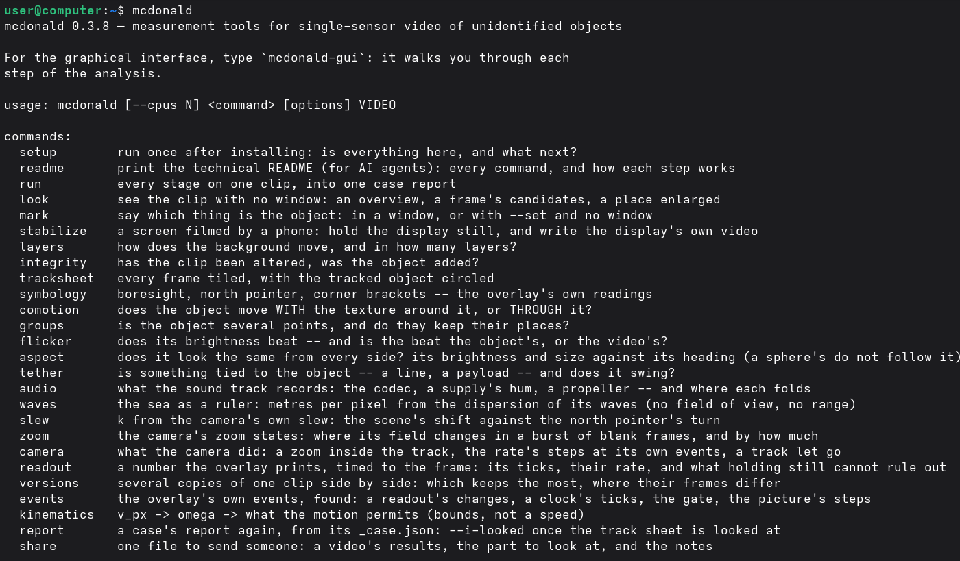 The command line: mcdonald, and the list of its commands